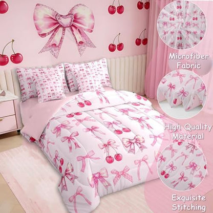 Pink Cherry Bow Bed in a Bag King Size Comforter Set 7 Pieces,Cute Silk Ribbon Bowknot Bedding Set,Princess Bow Tie Comforter and Sheet Set Dreamy Kawaii Bed Set,Girly Light Pink Room Decor Aesthetic