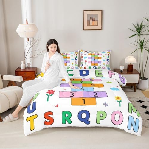jejeloiu Alphabet ABC Comforter Set All Season Number Learning Bedding Set with 2 Pillow Cases Colorful Educational Microfiber Kids Full Bedclothes Bedroom Decor Duvet Quilt