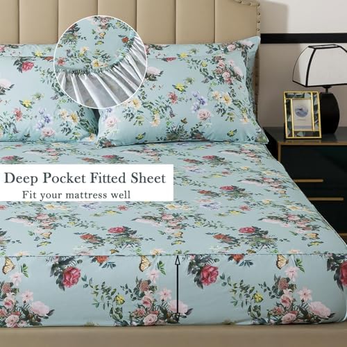 FADFAY Twin XL Size Sheet Set 4-Piece, 100% Cotton Mint Green Floral Bedding for College Dorm, Soft & Breathable Vintage Botanical Style, Deep Pocket Fitted Sheet, All-Season Cozy Bed Sheet Set