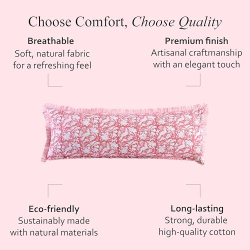 CPC Block Print Pink Coral Ruffle Cotton Lumbar Pillow Cover 20x54 inch