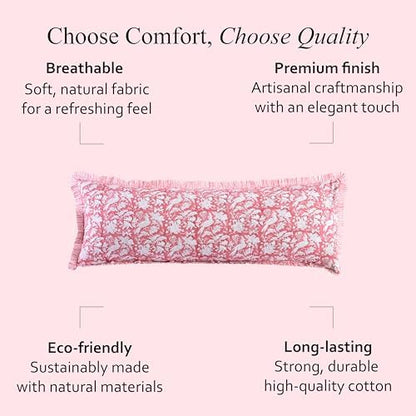 CPC Block Print Pink Coral Ruffle Cotton Lumbar Pillow Cover 20x54 inch