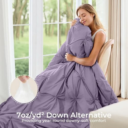 Sasttie California King Comforter Set, 7-Piece Bed in a Bag, Pintuck Bedding Sets for All Season, Includes Comforter, Flat Sheet, Fitted Sheet, Pillowcases and Pillowshams, New Purple
