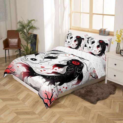 Feelyou Kids Japanese Koi Fish Duvet Cover Toddler Yin Yang Bedding Set Boys Girls Cherry Blossoms Japanese Ukiyoe Theme Comforter Cover（No Comforter