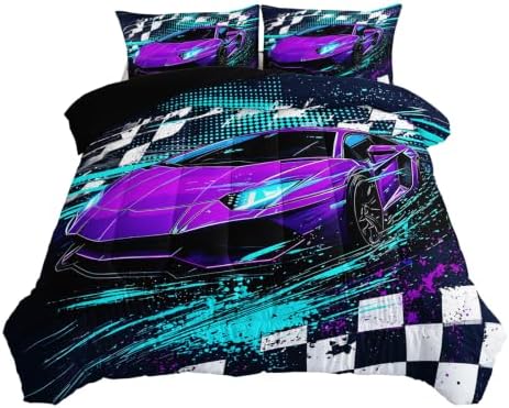 AILONEN Twin Comforter Set 3 Piece, Purple Teal Sports Car 3D Printed Bedding with 2 Pillowcases, Soft Lightweight Microfiber Checkered Speed Decor for Compact Bedroom