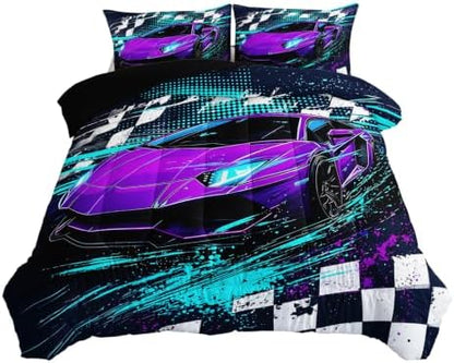 AILONEN Twin Comforter Set 3 Piece, Purple Teal Sports Car 3D Printed Bedding with 2 Pillowcases, Soft Lightweight Microfiber Checkered Speed Decor for Compact Bedroom