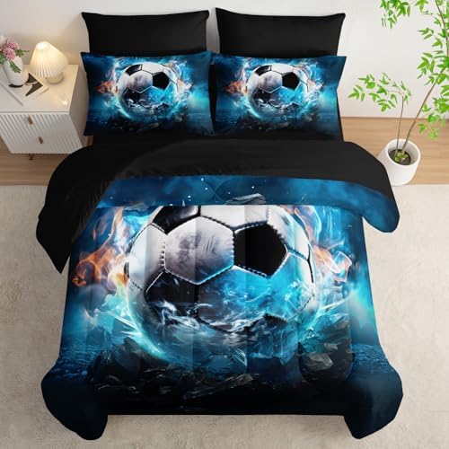 AILONEN Boys Soccer Comforter Set Queen 7-Piece Bed in a Bag for Kids Boys,Soft Comforter & Fitted Sheet with Flat Sheet,2 Pillowcases,2 Pillow Shams