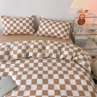 Wellboo Light Brown Plaid Comforter Sets Full Women Men Cream Coffee and White Checkerboard Grid Bedding Comforters Cotton Boys Girls Modern Light Taupe Checkered Geometric Quilts Luxury Abstract Bed