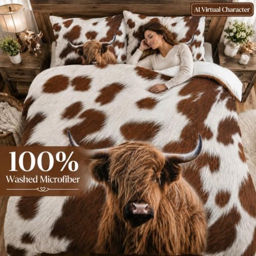 CCoutueChen Highland Cow Bedding Sets Full Size, Brown, Farmhouse