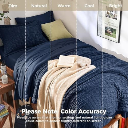 HYMOKEGE Navy Blue Twin XL Comforter Set Seersucker 5 Pieces, All Season Luxury Bed in a Bag for Bedroom, Bedding Set with Comforter, Sheets, Pillowcase & Sham