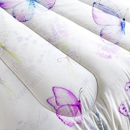 Butterfly Comforter Set Twin Size for Girls Kids Adults Lavender Flowers Pattern Bedding Set Aesthetics Butterflies Quilt Bed Set with 1 Comforter and 2 Pillowcases