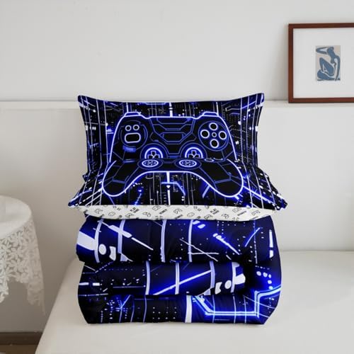 Feelyou Kids Blue Gamer Bedding Set Toddler Size, Honeycomb Gaming Comforter Set Boys Girls Modern Game Console Comforter Gamepad Teens Duvet Set Bedroom Decor Bed Set 2Pcs