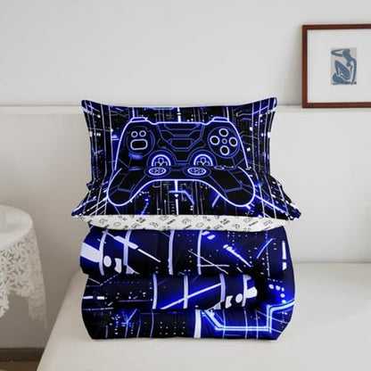 Feelyou Kids Blue Gamer Bedding Set Toddler Size, Honeycomb Gaming Comforter Set Boys Girls Modern Game Console Comforter Gamepad Teens Duvet Set Bedroom Decor Bed Set 2Pcs