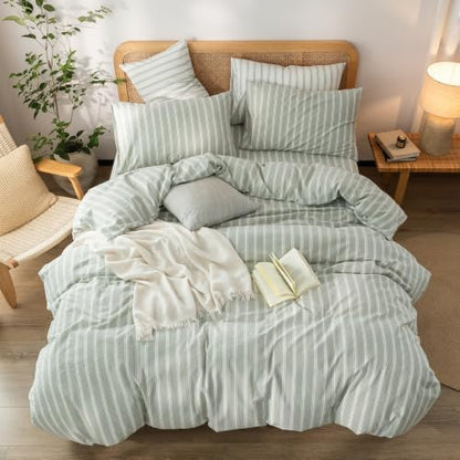BESTOUCH Striped Cotton Duvet Cover Set Linen Feel Oversized King