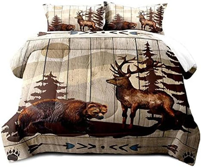LUVIVIHOME 2PCS Brown Bear Deer Comforter Set Twin Size, Rustic Cabin Bedding, Pine Tree Forest Animal Elk Moose Wildlife Country Lodge Farmhouse Quilt, Hunting Gifts for Men Hunters, 1 Pillow Sham