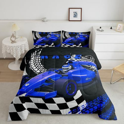 Erosebridal Go Kart Twin Bedding Set for Boys, Race Car Bed for Boys Drift Kart Toddler Bedding Sets,Black and White Checked Plaid Comforter Set Square Grid Lattice Karting Quilt,Blue