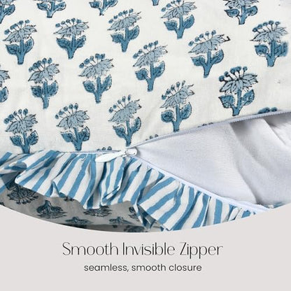 CPC Block Print Apatite Blue Ruffle Cotton Lumbar Pillow Cover 14x36 inch