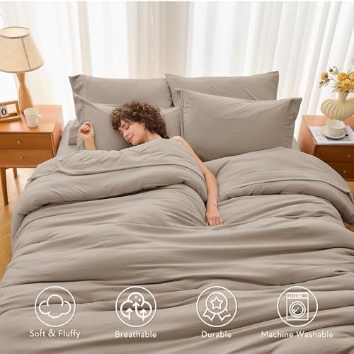 MUXHOMO 7 Pieces Queen Comforter Set, Soft Bed in a Bag Queen Size, All Season Bedding Set with Comforter, Flat Sheet, Fitted Sheet, Pillowcases & Shams, Linen