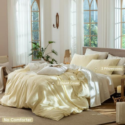 MooMee Striped Duvet Cover Set 100% Washed Cotton Linen Like King