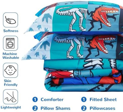 Viviland Kids Bedding Set Full Size Comforter Sets, Bed in Dinosaur Patchwork Cover Set for Children