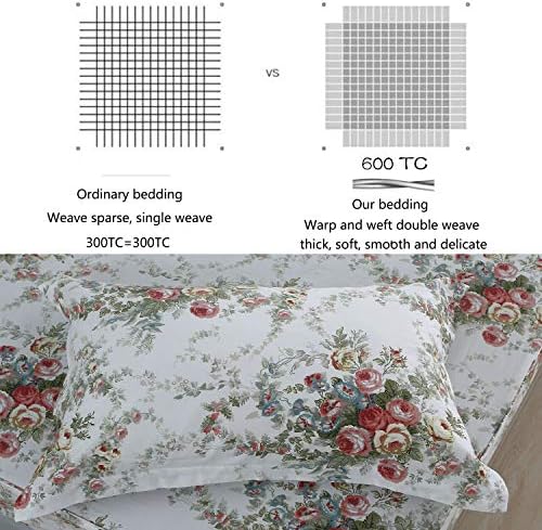 FADFAY Garden Floral Sheet Set Twin Vintage Rose 100% Cotton Hypoallergenic White and Grey Bed Sheets Ultra Soft Girls Princess Romantic Rose Kids Bedroom Deep Pocket Fitted Sheet 4-Pcs