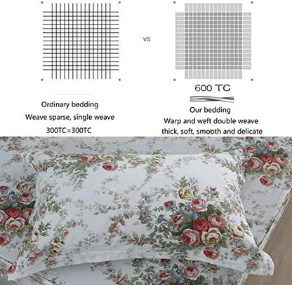 FADFAY Sheet Set Cal King Vintage Rose 100% Cotton Hypoallergenic White and Grey Deep Pocket Fitted Sheet 4-Pieces Cal King