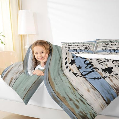 Manfei Happy Camping Comforter Set King,Boho Arrows Black Sketch Bedding Set 3pcs for Kids Teens Adults Room Decor,Teal Old Wood Board Quilt Set,Rustic Farmhouse Duvet Insert with 2 Pillowcases