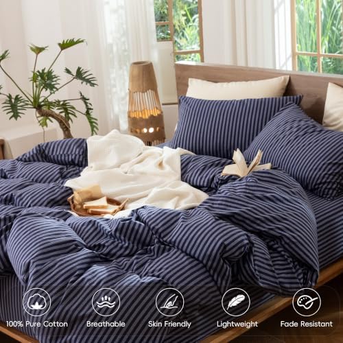 MooMee Striped Duvet Cover Set 100% Washed Cotton Linen Like King