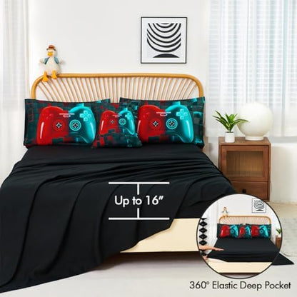 PERFEMET 6 Pieces Boys Bedding Set Full Red and Teal Game Kids Bed in A Bag