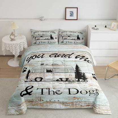 Manfei Happy Camping Comforter Set King Size, Camper Truck Bedding Set 3pcs for Kids Boy Girls Room Decor, Adventure Theme Dog Lover Quilt Set Rustic Farmhouse Duvet Set with 2 Pillowcases