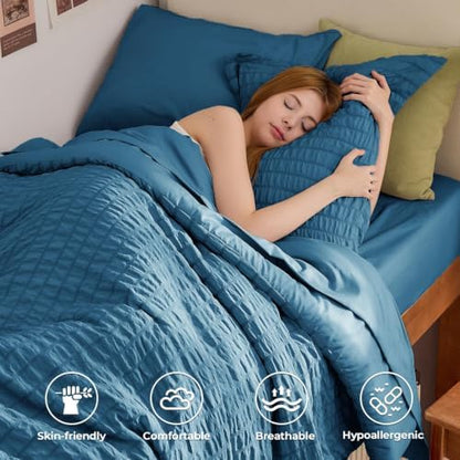 HYMOKEGE Teal Twin XL Comforter Set Seersucker 5 Pieces, All Season Luxury Bed in a Bag for Bedroom, Bedding Set with Comforter, Sheets, Pillowcase & Sham