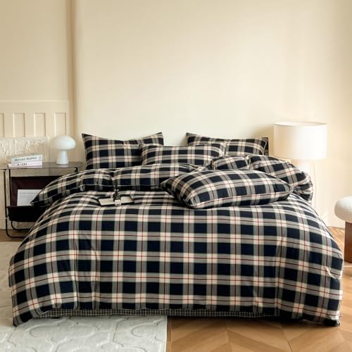 Mucalis Black Buffalo Plaid Duvet Cover King 100% Washed Cotton Green Red Checkered Duvet Cover Vintage 3 Piece Grid Bedding Set with Zipper Closure 4 Corner Ties