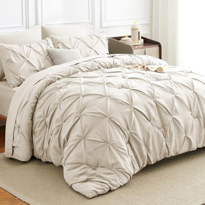 HIMEET King Size Comforter Set Beige - 7 Pieces Pintuck Bed in a Bag