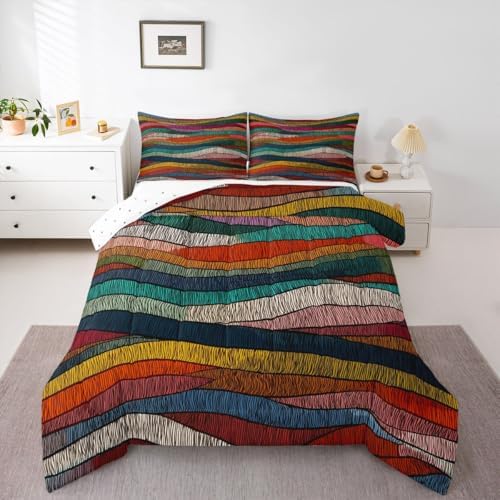 Castle Fairy Rainbow Wavy Comforter Set Queen Size,Tribal Ethnic Geometric Down Alternative Adults Room Decor,Colorful Abstract Ultra Soft Microfiber Inner Fill 3Pcs Bedding