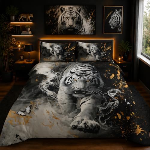 Nttopship White Tiger Comforter Set Queen Size，White Tiger Wild Animal 3 Pcs Bedding Set for Men Women Adults，3D Wildlife Animals Room Decor Ultra Soft with 1 Comforter and 2 Pillowcase