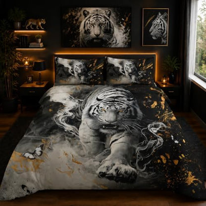 Nttopship White Tiger Comforter Set Queen Size，White Tiger Wild Animal 3 Pcs Bedding Set for Men Women Adults，3D Wildlife Animals Room Decor Ultra Soft with 1 Comforter and 2 Pillowcase