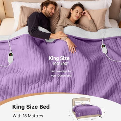 Heated Electric Blanket King, Dual Control, 90" x 100", Taro Purple