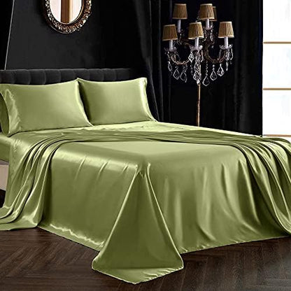 SiinvdaBZX 4Pcs Satin Sheet Set King Size 15-Inch Deep Pocket, Sage Green
