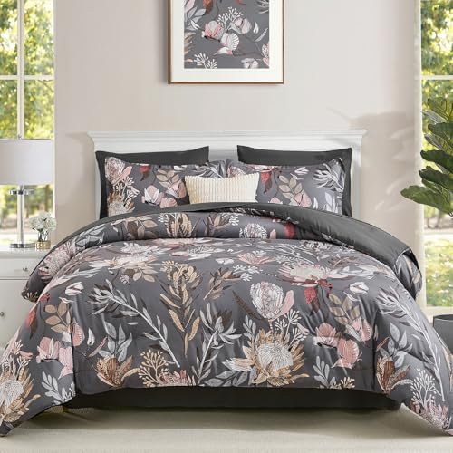 Luxudecor Floral Comforter Set Queen Bed in a Bag Set,7 Pieces Dark Gray Floral Comforter and Sheet Set,Soft Microfiber Bedding Sets for All Seasons (Dark Gray,90"X90")