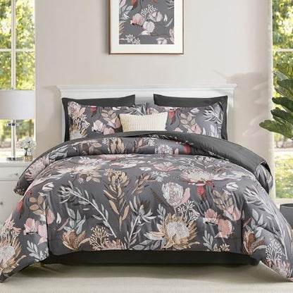 Luxudecor Floral Comforter Set Queen Bed in a Bag Set,7 Pieces Dark Gray Floral Comforter and Sheet Set,Soft Microfiber Bedding Sets for All Seasons (Dark Gray,90"X90")