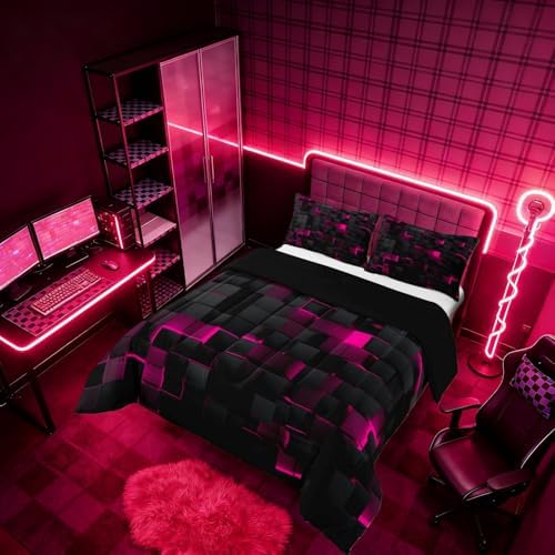 Erosebridal Black Hot Pink Comforter Set Full Neon Geometric Checkered Bedding Set for Girls Teen Women Abstract Stereoscopic Grids Quilt Square Plaid Bed Set 3 Pcs Gamer Room Decor