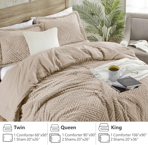 Homelike Moment Fleece Queen Comforter Set, Fluffy Bed Set 3 Piece Beige