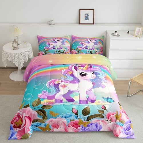 Cartoon Unicorn Kids Comforter Set Queen Size,Roses Flowers Butterfly Princess Bedding Set,Girls Women Room Decor,Rainbow Unicorn Cute Down Comforter,Pink Blue Romantic Duvet Insert,2 Pillowcases