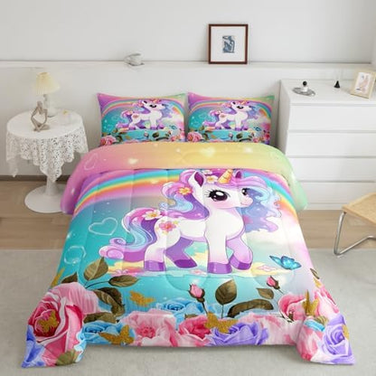 Cartoon Unicorn Kids Comforter Set Queen Size,Roses Flowers Butterfly Princess Bedding Set,Girls Women Room Decor,Rainbow Unicorn Cute Down Comforter,Pink Blue Romantic Duvet Insert,2 Pillowcases