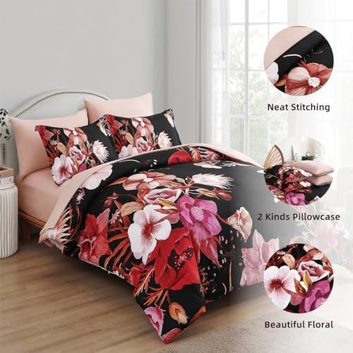 Luxudecor Floral Comforter Set King Size 7 Piece, Red Flower Bed in a Bag, Elegant Comforter Bedding Set for All Season (Red, 104"x90")