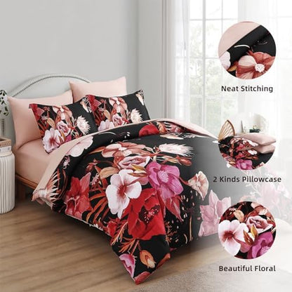 Luxudecor Floral Comforter Set King Size 7 Piece, Red Flower Bed in a Bag, Elegant Comforter Bedding Set for All Season (Red, 104"x90")