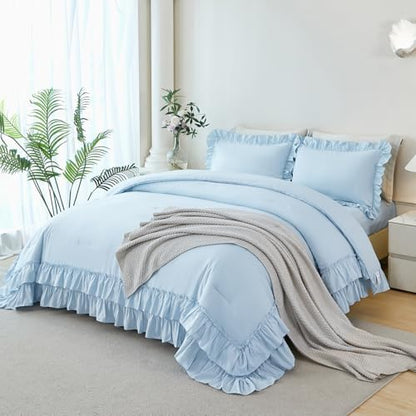 ANGIYUIN 5 Pieces Light Blue Full Bed in A Bag for Girls Ruffle Bedding Sets Farmhouse Fluffy Comforter Set Soft Lightweight Bed Sets for Women Girls(Light Blue Full)