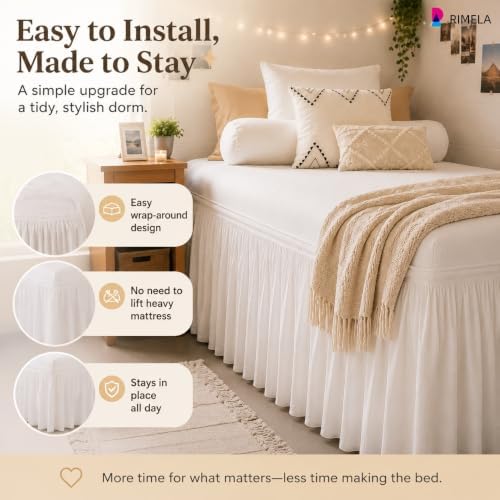 RIMELA College Dorm Bed Skirt Twin XL 36 Inch Drop, White Elastic Bedskirt