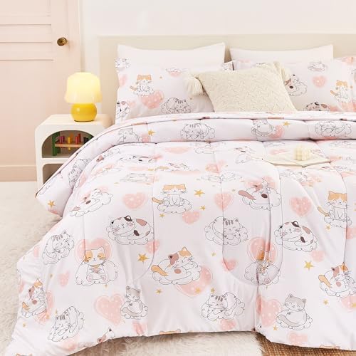 Yibeizi Cat Kids Full Bed Comforter Set for Girls Kitty Bedding