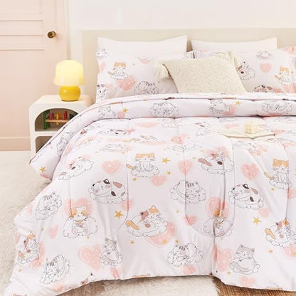 Yibeizi Cat Kids Full Bed Comforter Set for Girls Kitty Bedding