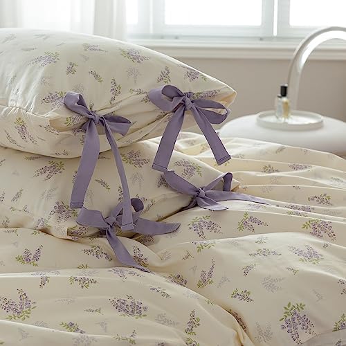 LifeTB Lilac Comforter Set Twin XL Girls Purple Flower Bedding Comforter Vintage Garden Floral Comforter Set Fluffy Soft Botanical Comforter with 2 Bow Ties Pillowcases for Girls Women Twin XL Size